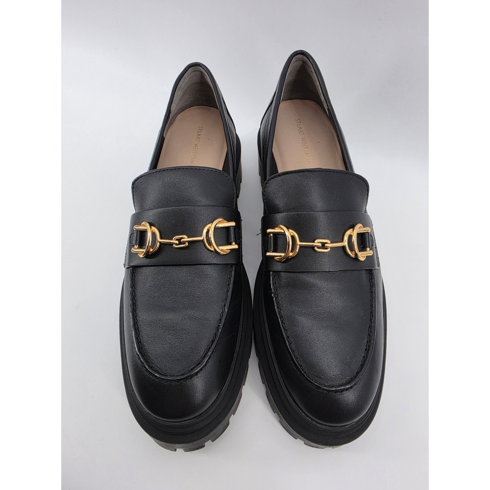 Stuart Weitzman Owen Black Leather Platform Bit Loafer Horsebit Gold 9.5 NWOB